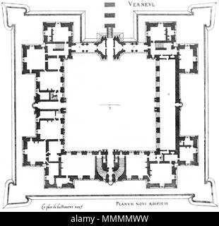 . Inglese: incisione da Le premier volume des plus eccellenti Bastiments de France da Jacques I Androuet du Cerceau: Château de Verneuil-sur-Oise. Pianta del primo design. . 1576. Jacques mi Androuet du Cerceau (1510-1585) nomi alternativi Jacques Androuet; Jacques Androuet du Cerceau l'Ancien; Jacques Androuet Du Cerceau; Jacques Androuet DuCerceau; Jacques Androuet Ducerceau Descrizione architetto francese, rame incisore e disegnatore padre di Baptiste Androuet du Cerceau padre di Jacques II Androuet du Cerceau Data di nascita e morte 1510 o 1512 Gennaio 1584 Luogo di nascita/ Foto Stock