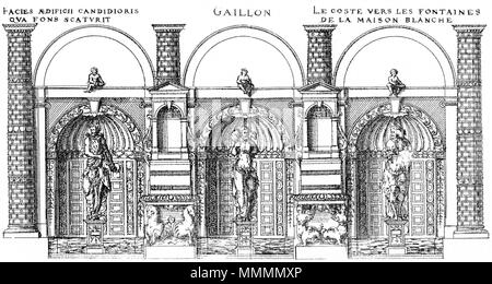 . Inglese: incisione da Le premier volume des plus eccellenti Bastiments de France da Jacques I Androuet du Cerceau. La elevazione della facciata rivolta verso le fontane della Maison Blanche di Château de Gaillon . 1576. Jacques mi Androuet du Cerceau (1510-1585) nomi alternativi Jacques Androuet; Jacques Androuet du Cerceau l'Ancien; Jacques Androuet Du Cerceau; Jacques Androuet DuCerceau; Jacques Androuet Ducerceau Descrizione architetto francese, rame incisore e disegnatore padre di Baptiste Androuet du Cerceau padre di Jacques II Androuet du Cerceau Data di nascita e morte 1510 o Foto Stock