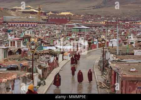 Le monache di capanne sul monastero isola di Yarchen Gar, Sichuan, in Cina Foto Stock