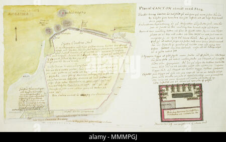 . Inglese: Mappa del Cantone da un diario dal comando dell'(Svedese) Royal Academy of Science, scritto da Johan Friedrich Dalman, durante il viaggio da Göteborg a Cantone e indietro a partire dal 19 febbraio 1748 e si è conclusa l'11 luglio 1749, sulla nave svedese Freden. . 9 novembre 2014, 00:34:12. Johan Friedrich Dalman Cantone Città mappa originale 1748-49 Foto Stock