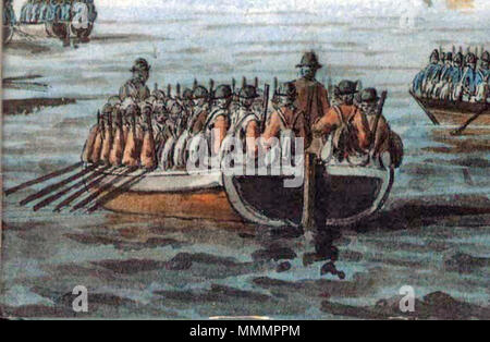 . Inglese: l'occupazione di Newport, Rhode Island, Dicembre 1776: dettaglio; nero e acquerello penna e inchiostro, firmata e datata. L'artista fu testimone oculare dell'evento, che serve come capitano della cancelliere del dispositivo HMS Asia. La descrizione "lo sbarco delle forze britanniche in maglie 20 Novembre 1776 da Capt. Thomas Davies, Royal Reggimento di Artiglieria' è citata da [1] in errore . 1777. Cleverley, Robert (1749-1809) British nave a fondo piatto Rivoluzione Americana Foto Stock