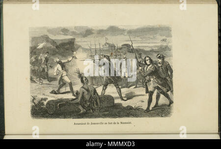 . Inglese: In questo artista della versione dell'incidente a Jumonville Glen, gli inglesi sotto il comando di George Washington sono raffigurati come uccidere gli indifesi comandante francese Jumonville a sangue freddo. Conti contemporanea dell'incidente sono contraddittorie; è molto più probabile che Jumonville era infatti tomahawked dal leader indiano Tanaghrisson mentre Washington guardato senza intervenire. 60 Assassinat de Jumonville Foto Stock