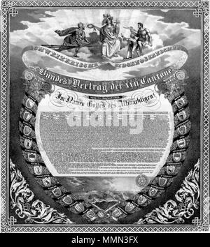 . Deutsch: Der Bundesvertrag vom 7. Agosto 1815 zwischen den Kantonen 22 der Schweiz, die staatliche Grundlage der schweizerischen Eidgenossenschaft zwischen 1815 und 1848. Rund um die Vertragsbestimmungen die Wappen der 22 Kantone mit den alten Wappen von Neuenburg und Grigioni . Xix secolo. caricare da sidonius 15:48, 9 gennaio 2007 (UTC) 84 Bild Bundesvertrag 1815 Foto Stock