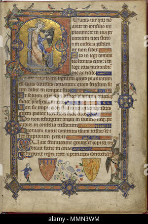 . Inglese: Alphonso Salterio Historiated iniziale "B"(eatus) del Re Davide che suona l'arpa, con un bas-de-page scena di Davide e Golia e un bar completo di confine, 24686 supplementari, f. 11 Français : Psautier d'Alphonso : Initiale B de Beatus historiée avec le roi David jouant de la Harpe, en bas de pagina le combat de David et de Golia. Bordure ornementée. BL : Ms 24686 supplementari, f. 11 . Il 18 gennaio 2012. Sconosciuto artista medievale 86 BL Alphonso Salterio Foto Stock