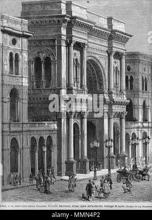 . Italiano: Antonio Bonamore (1845-1907), 'Milano, il grand'arco della Galleria Vittorio Emanuele, ultima opera dell'ing. Giuseppe Mengoni'. Incisione tratta da fonte ignota; dopo il 1870. Inglese: Antonio Bonamore (1845-1907) - 'Milan, l' arco di trionfo della Galleria Vittorio Emanuele". Pubblicazione sconosciuta, dopo o intorno al 1870. . Dopo il 1870. Antonio Bonamore (1845-1907). 90 Bonamore, Antonio (1845-1907) - Milano, il grand'arco della Galleria Vittorio Emanuale (ca. 1870) Foto Stock