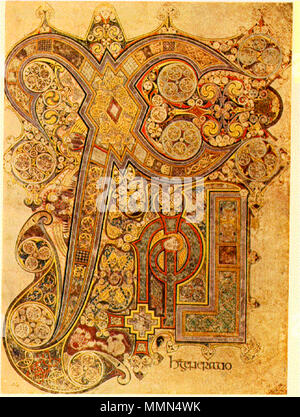 . Il Chi Rho pagina in folio (34R) del Libro di Kells. La pagina precede la storia della natività come riferito da san Matteo. Le lettere di chi, Rho e io sono un'abbreviazione di "Cristo". 91 Libro di Kells ChiRho Folio 34R Foto Stock