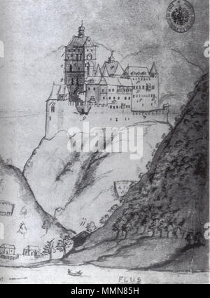 . Inglese: Burg Karlstein (nelle vicinanze di Praga), visto da sud-ovest, la più antica immagine noto oggi a Praga, archivio nazionale, CDPE 1 B1/9 . circa 1720. Questo file è privo di informazioni sull'autore. 104 Burg Karlstein Foto Stock