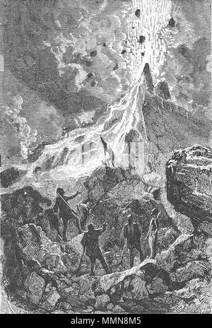 . Inglese: una illustrazione da Jules Verne del romanzo 'Viaggi e avventure del capitano Hatteras', parte II: 'il campo di ghiaccio' disegnata da Édouard Riou e/o Henri de Montaut. Il vulcano sul polo nord. Polski: Ilustracja powieści Juliusza Verne"a 'Podróże ho przygody kapitana Hatterasa', części II: 'Pustynia lodowa' autorstwa Édouarda Riou i/lub Henri de Montauta. Français : Jules Verne: "Voyages et aventures du Capitaine Hatteras - Le désert de glace", Édouard Riou et Henri de Montaut. . Il 26 novembre 1866. Édouard Riou (1833-1900) nomi alternativi Edouard Riou Descrizione illus francese Foto Stock