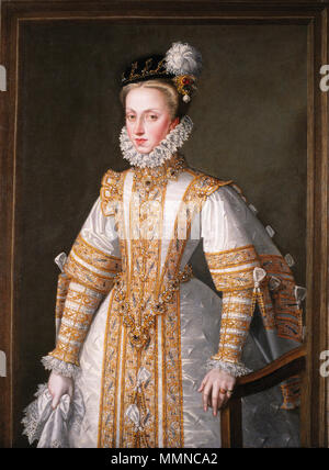 . Español: Retrato de la Reina Ana de Austria (1549-1580), que fue la cuarta y última esposa del rey Felipe II de España. Inglese: Ritratto di Anna d'Austria, della regina di Spagna. Ana de Austria, reina consorte de España. circa 1571. Anna d'Austria Spagna Foto Stock