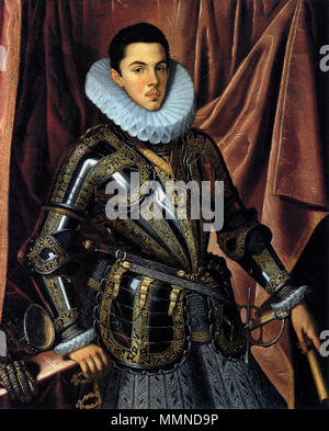 . Español: Retrato del Príncipe Felipe Manuel de Saboya (1586-1605), que fue el primogénito hijo de Carlos Manuel de Saboya, Duque de Saboya, y de la Infanta Catalina Micaela de Austria, hija del rey Felipe II de España. Inglese: Ritratto di Felipe Manuel, principe di Savoya (1586-1605), figlio di Carlo Emanuele I, Duca di Savoia e la Infanta Catherine Michelle della Spagna (figlia di Filippo II). L'artista rappresenta il principe come l'erede al trono di Savoya indossando una corazza di origine Longobarda e la collana dell'Annunziata ordine, l'ordine più alto del Regno di Savoya. Il principe Filippo Foto Stock