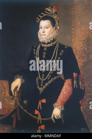 . Isabel de Valois era la figlia del re Enrico II di Francia e Caterina de' Medici. Nato nel 1546, sposò Filippo II nel 1559, contribuendo a consolidare il processo di pace tra la Spagna e la Francia. Lei era probabilmente il monarca spagnolo più stretti della moglie e ha giocato un ruolo politico nel corso del suo regno. È stata la madre del infantas Isabel Clara Eugenia e Catalina Micaela, la cui matrimoni erano stati pianificati per rafforzare la presenza spagnola nelle Fiandre e Savoia. La regina indossa un austero nero abito di velluto in armonia con la moda spagnola a quel tempo, ma ella è adornata con sontuosi gioielli. Foto Stock