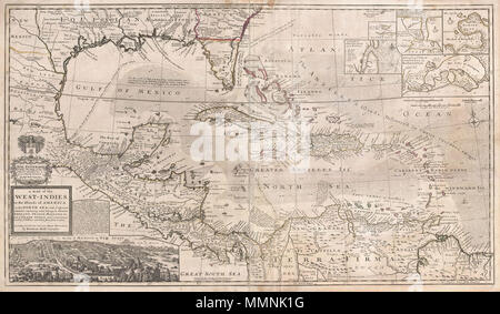 . Inglese: uno dei più notevoli e intrigante mappe di West Indies a comparire nel XVIII secolo. Si tratta di Herman Moll le superbe circa 1720 mappatura delle Indie Occidentali, dei Caraibi e del Golfo del Messico, Messico e la spagnola principale. Monumentale in proporzione, ricca di testo descrittivo e non esaustivo la sua attenzione al dettaglio, questa mappa è inteso come una guida in inglese la pirateria e privateering in Indie ad ovest. Moll, molto probabilmente attraverso la sua conoscenza con i pirati William Dampier e Woodes Rogers, offre una ricchezza di informazioni sul traffico del cuscinetto di argento spagnolo Flotta del tesoro Foto Stock