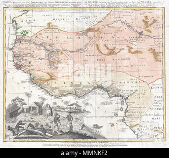 . Inglese: uno dei più splendidi prodotti mappe di Africa occidentale a comparire nel XVII secolo. Sulla base di precedenti Homann (mappe e ricerca da Anville, Questa cartina copre la parte nord-occidentale dell'Africa da Cape Blanc e Senegal Guinea inferiore, intorno il morso di Africa, al Congo e Barbela fiumi. Come con la maggior parte delle mappe di Africa da questo periodo i lidi sono altamente dettagliate mentre l interno è vuoto o estremamente speculative. Le terre costiere tra il fiume Niger e il Biafra sono particolarmente ben mappata con abbondante notazioni latina per quanto riguarda i popoli e luoghi depi Foto Stock