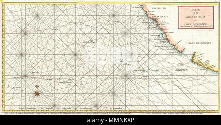 . Inglese: si tratta di una rara 1750 carta nautica dell Oceano Pacifico dal francese mappa publisher N. Bellin. Sulla base di una tabella simile in inglese preparato due anni prima da Seale. Il grafico illustra le vie del commercio utilizzato dai galeoni spagnoli da Acapulco, Messico verso Manila nelle Filippine. In particolare questo grafico illustra i viaggi spagnola della Nostra Seigniora de Cabadonga e la marina britannica Commodore George Anson. Anson conducono un mal equipaggiato spedizione nel Pacifico con la missione di attaccare domini spagnoli in Sud America. Se egli non è riuscito in questa missione, Anson ha fatto s Foto Stock