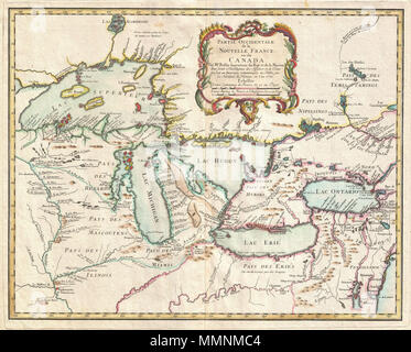 . Inglese: una rara ed estremamente influente 1755 mappa dei Grandi Laghi disegnati da Jacques Nicolas Bellin. Questa mappa, apparso nel 1755 problema degli eredi Homann (Atlas Major , copre tutti e cinque i grandi laghi come pure le adiacenti le terre indiane e le colonie inglesi della Pennsylvania e del New Jersey e di New York. Cartographically questa mappa offre un certo numero di importanti innovazioni ed è in gran parte derivata da Bellin molto simile mappa di 1745. La piastra è stata acquisita e ripubblicato da Homann (eredi nel 1755 in risposta alla politica europea di interesse per la guerra di indiano e francese che ha iniziato un anno pr Foto Stock