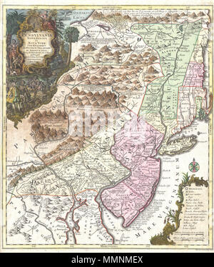 . Inglese: un raro e raffinato 1756 Esempio di Tobias Conrad Lotter importante mappa del Medio Atlantico e il New England regioni durante il dominio coloniale britannico. Uno dei la più desiderabile, interessante e attraente pre rivoluzionarie mappe del medio inglese Colonie, in particolare a New York, New Jersey e Pennsylvania ottenibile. Copre dal lago Ontario nel nord-ovest verso est per l'Atlantico e a sud fino a Maryland, Delaware e Chesapeake Bay. Cartographically questa mappa è fortemente basata su estremamente rari 1849 mappa della stessa regione pubblicato da Lewis Evans nel 1749. Ge Foto Stock