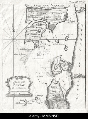 . Inglese: estremamente interessante e raro 1764 mappa di Bombay o Mumbai, India da J. N. Bellin. Raffigurata la penisola di Bombay come era nel Settecento - diviso in molte piccole isole comprese Salcet, Bombay, e l'isola dei Gesuiti. Mostra la città e fortezza di Bombay sulla punta meridionale dell'isola di Bombay. Mostra anche i villaggi di Salcet, Cayman, Mayen Colay, Bandura e Trombay. Include la costa della terraferma India dal fiume Negalan verso nord oltre il Fiume Penn per quello che è oggi Panvel Creek. Offre notevole dettaglio offshore compresi gli scandagli di profondità intorno al porto di Bombay Foto Stock