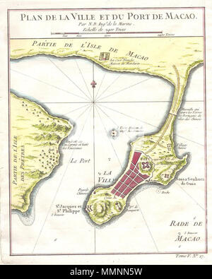 . Inglese: si tratta di una rara mappa della città e del porto di Macao (Macau) risalente al 1764 da Jacques N. Bellin. Questa mappa è una delle prime raffigurazioni di Macao la struttura delle strade. Mostra le fortificazioni, strade diverse e importanti edifici, il fort e un villaggio cinese vicino la città portoghese. Questa mappa è stata rilasciata come mappa numero 17 nel volume 5 di Abbe Prevost di Historie universale des voyages . Varients sono state inoltre rilasciate per Bellin la Petit Atlas Maritime e Nouvel Atlas de la lombata, de la Tartarie Chinoise . Plan de la Ville et du Port de Macao.. 1764 (non datato). 1764 Bellin Mappa di Macao Cina Foto Stock
