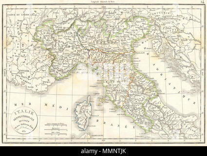 . Inglese: questa colorata a mano mappa è una piastra di rame incisione, risalente al 1832 dal ben noto cartografo francese Delamarche. Si tratta di una rappresentazione del Nord Italia e la Corsica. Italie Septentrionale Divisee en ses differens Etats.. 1832. 7 1832 Delamarche Mappa del nord Italia e Corsica - Geographicus - ItalyN-D-32 Foto Stock