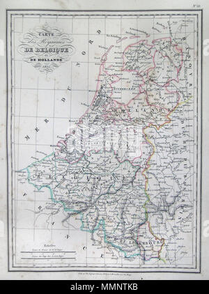 . Inglese: questa è una bella 1835 colorate a mano mappa del Belgio e Olanda. Include il Lussemburgo. Tutto il testo è in francese. Carte des Royaumes de Belgique et de Hollande 1835.. 1835. 7 1835 Malte-Brun Mappa di Belgio e Olanda o Paesi Bassi - Geographicus - Holland-mb-1837 Foto Stock