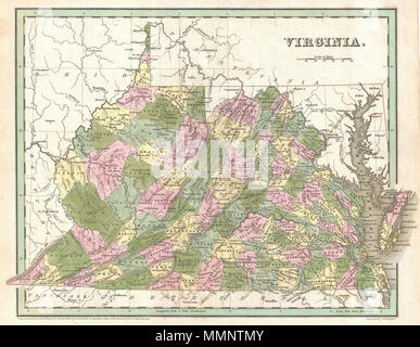 . Inglese: un raffinato esempio di T. G. Bradford di c. 1838 mappa della Virginia. Questa cartina copre tutti di che cosa è oggi la Virginia e Virginia Occidentale nonché tutta la baia di Chesapeake e le parti adiacenti di Ohio, Pennsylvania nord Carolina e Maryland. Sofisticati Cartographically bredford incorpora mappa politica e dati topografici, denominazione città, linee ferroviarie, montagne, paludi e fiumi. La codifica a colori a livello di contea. Anche se datata 1838, questa mappa è più probabile dal 1841 edizione di Bradford del Atlante. Presenta una bella colorazione nonché G. W. Boynton è raffinato ed elegante incisione. Foto Stock