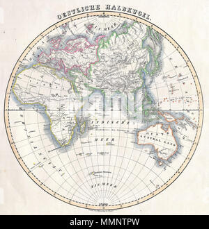 . Inglese: Questo attraente colorate a mano la mappa mostra l'Emisfero Orientale tra cui Africa, Europa, Asia e Australia. Stampato in 1844 dal ben noto mappa publisher C. Flemming. Emisfero Orientale. 1844. 7 1844 Flemming mappa dell'Emisfero Orientale - Geographicus - EasternHemi-flemming-1844 Foto Stock