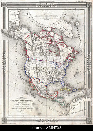 . Inglese: un raro ed estremamente accattivante 1852 Mappa del Nord America da J. G. Barbie du Bocage. Mostra tutto il Nord America dal Circolo artico al nord del Sud America. Gli Stati Uniti è mostrata poco dopo l'acquisizione del Texas e California superiore anche se pre-Gadsden acquisto. Frontiera del Texas è debole ma lo stato è mostrato nella sua massima estensione. Nomi americani numerose tribù indiane tra cui il Osages, Sioux e il Mandan. Il Grande Lago Salato appare come il Lago Tampari. Mt. Jefferson, Mt. Sampson, Mt. Lungo, Mt. James e MT. Smith sono tutti etichettati. Offre un beauti Foto Stock