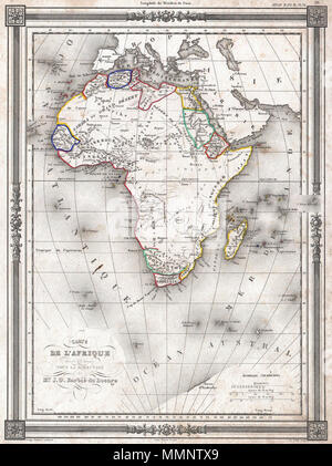 . Inglese: un raro ed estremamente accattivante 1852 Mappa di Africa da J. G. Barbie du Bocage. Mostra il continente africano situato in alto sulla pagina. Le etichette i regni costiera e colonie comprese Zanzibar, Biafra, Senegabia, Algeria, Maroco, Abissinia, la Nubia, la colonia del Capo e in Egitto. Denota anche varie regioni tribali comprese le terre del ottentotti, Bambara, il Behrs e altri. La maggior parte dell'Africa centrale è semplicemente denominata "Pays Inconnu". Parte del continente antartico è mostrato come Terre d'Enderby, riferendosi al Enderby fratelli che possedeva la nave Tula che, capitanata da Jo Foto Stock