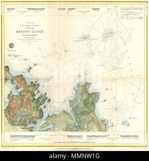 . Inglese: una rara colorata a mano 1853 grafico costiere della battuta Minots, appena fuori del porto di Boston, Massachusetts. Caratteristiche Il sale Cohasset Opere, Porto Vecchio, Briga Harbour, radure, Cohasset Harbor e varie isole. Pubblicato sotto la supervisione di A. D. Bache per il 1853 Relazione del Soprintendente di U.S. Sondaggio sulla costa. (Schizzo A n. 3) Mensola Minots Off Boston Harbor.. 1853 (datato). 8 1853 U.S.C.S. Mappa di Minots battuta, vicino al porto di Boston ( Cohasset ) - Geographicus - MinotsLedge2-uscs-1853 Foto Stock