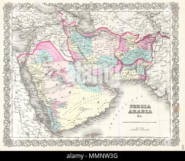. Inglese: un bel 1855 prima edizione esempio di Colton la mappa di Persia, Arabia e l'Afghanistan. Copre dal Mediterraneo a est di India e sud per includere tutti i di Arabia all ingresso del Mar Rosso. Include le parti adiacenti di Egitto, Abissinia, Turchia, India e Turkestan. In questa prima edizione della mappa in Afghanistan è diviso in Afghanistan e Beloochistan. Edizioni successive unite le province e drop Cabool come nome alternativo per l'Afghanistan. Su tutta la mappa, Colton identifica varie città, fortezze, fiumi, oasi del deserto e un assortimento di ulteriori carte topografiche Foto Stock