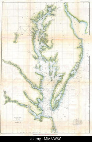 . Inglese: una bella triangolazione preliminare grafico della Chesapeake Bay area pubblicato nel 1857 per gli Stati Uniti Coast Survey Report. Copre dall'ingresso della baia di Cape Henry verso nord per l'ingresso al fiume Susquehanna. Si estende a est fino a coprire il Delaware Costa Atlantica e baia del Delaware. Si estende verso ovest per quanto Richmond, Virginia e il Distretto di Columbia. Una spettacolare mappa regionale. Stati Uniti Sondaggio sulla costa di schizzo C che mostra il progresso del sondaggio nella sezione n. III dal 1843 al 1857. 1857 (datato). 9 1857 U.S. Sondaggio sulla costa Mappa della baia di Chesapeake - Geographicus - Che Foto Stock