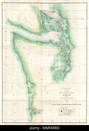 . Inglese: un delicato e colorate a mano 1859 noi sondaggio costiera mappa o tabella di triangolazione dello Stato di Washington da Tillamook testa a Vancouver Island, compresi Juan De Fuca Strait di Puget Sound, Olympia, e a Seattle, con numerose linee di triangolazione. Prodotte sotto la supervisione di A. D. Bache, uno dei più influenti dirigenti del U. S. Coast sondaggio. Schizzo K che mostra il progresso del sondaggio nella sezione n. XI (foglio superiore) da Tillamook Bay al confine. 1859 (datato). 9 1859 U.S. Sondaggio sulla costa Mappa di Puget Sound e costa di Washington - Geographicus - PugetSound-uscs-1859 Foto Stock