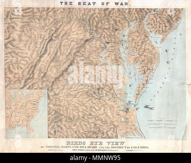 . Inglese: questo è un molto inusuale e raro mappa o Vista panoramica della sede della Guerra Civile Americana in Virginia, Delaware, Maryland, North Carolina, e il Distretto di Columbia. Rilasciato in New York, Parigi e la Francia per affrontare a livello nazionale e internazionale con il fascino di eventi in corso della guerra civile americana. Mostra i territori impugnata intorno a Richmond e Washington D.C. dove la maggior parte delle più sanguinose battaglie della guerra civile, sono state combattute. Offre incredibili dettagli in tutta la mostra di città, modi di fiume e i numerosi dettagli topografici. Numerose Steam alimentato le navi sono Foto Stock