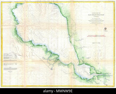 . Inglese: si tratta di un attraente 1863 U.S. Costa studio grafico o carta nautica o la parte meridionale della baia di San Francisco, California. Copre dal Alviso e Redwood City verso nord per quanto concerne il punto Avisadera. Include Union City, Johnson's Landing. Eden lo sbarco. Mayhew's Landing, Ravenswood, San Francisquito Creek, Belmont, San Mateo e San Bruno. Offre migliaia di scandagli di profondità ma vero per formare come una carta nautica molto piccolo dettaglio interni. Istruzioni di Regata e notazione di marea in basso a sinistra del quadrante. La triangolazione e Topografia sondaggio per questa mappa è stata realizzata da R. D. C Foto Stock