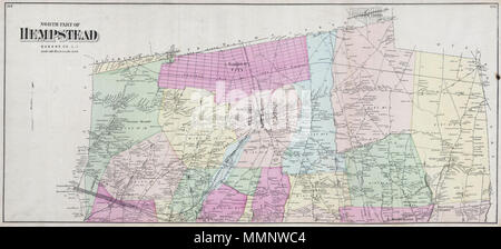 . Inglese: questa scarsa grandi e colorati a mano la mappa mostra la città di Hempstead, Long Island, New York. La mappa mostra la popolosa città e paesi circostanti Hempstead, comprese città giardino, Valley Stream, Bridgeport, Rockville, Greenwich Point, Smithville, Ridgewood e nuovo Cassel. Lo straordinario dettaglio di questa mappa, giù per le singole famiglie con i cognomi, ne fanno un affascinante studio per la famiglia ricercatore o storico. Parte nord di Hempstead Queens Co. L. I.. 1868. 9 1868 birre Mappa di Hempstead, Long Island, New York - Geographicus - NorthHempstead-birre-1868 Foto Stock