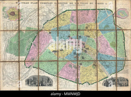 . Inglese: uno spettacolare 1877 pieghevole tascabile Mappa di Parigi, Francia dal cartografo Francese A. Vuillemin. Copre tutta la città e dintorni spettacolare in dettaglio a livello di singole strade, ponti e palazzi. Suddiviso secondo 20 Arrondisments. Importante e gli edifici storici sono mostrati come visualizzazioni. Questi includono l'Arc de Triomphe e il Palazzo Reale, la cattedrale di Notre Dame, l'Hotel des Invalides, il Pantheon, il Tour di San Jacques, e l'Hotel de Ville, tra gli altri. Una finestra Mappa nel quadrante superiore sinistro mostra la maggiore vicinanza di Parigi per quanto Versailles. Un'altra finestra Mappa, th Foto Stock
