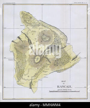 . Inglese: questa bellissima e affascinante mappa dell'isola delle Hawaii, il più grande dell'isola hawaiana catena, è stato pubblicato per il 1883 Relazione annuale della U. S. Geological Survey. Offre mappe topografiche dettagliate e informazioni geologiche in riferimento alle foreste, montagne e vulcani, e i flussi di lava. Mappa delle Hawaii. 1883. 10 1883 U.S.G.S. Mappa di Isola di Hawaii - Geographicus - HawaiiHawaii2-USGS-1883 Foto Stock