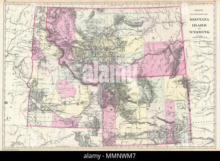 . Inglese: Questa è la rara 1884 Bradley / Mitchell mappa del Montana, Idaho e Wyoming. Copre i territori del Montana, Wyoming e Idaho in considerevole dettaglio con codifica dei colori secondo le contee. Mostra American terre indiane, formazioni geologiche, fortezze, Città, mantenere passa e modi di fiume. Rileva inoltre i progressi degli Stati Uniti Land Survey in questa regione in forma di griglie nella intervistate ha porzioni di ciascun territorio. Include il Parco Nazionale di Yellowstone che è stato creato nel 1871. Pubblicato da William M. Bradley per inclusione come piastre n. 86 e 87 nel 1884 edizione di S. A. Mitch Foto Stock