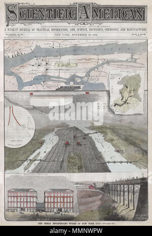 . Inglese: qui offerto è una rara edizione scientifica della rivista americana rilasciato a lodare i grandi progetti di ingegneria di New York City. Il coperchio anteriore dispone di una mappa della città di New York è elevata la linea ferroviaria - il precursore del moderno sistema di metropolitana, una vista di Manhattan che mostra le diverse stazioni importanti e ponti e una chiusura del 155Street viadotto con il nuovo 'Manhattan campo" (in seguito chiamato Polo Ground), e per il mai costruito Union Station sulla West 42nd Street. Include la piena 10 page rivista. Caratteristiche proiettata ma mai costruito includono ponti ferroviari di Hoboken, Weehawke Foto Stock