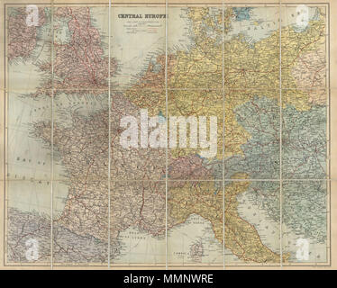 . Inglese: si tratta di un affascinante 1895 mappa mostra l'Europa dall'Inghilterra per i Balcani, da NW la Spagna per il Mar Baltico. Presentato in formato tascabile con 18 pannelli montati sulla biancheria. Parte della Stanford collezione di mappe della libreria. Europa centrale. 1895. 11 1895 Stanford Pocket Mappa di Europa - Geographicus - CentralEuorpe-stanford-1895 Foto Stock