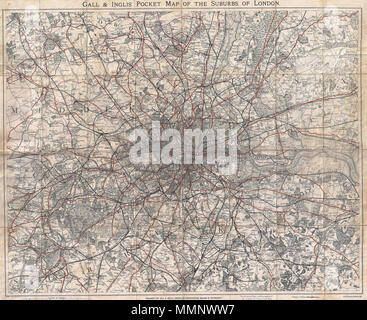 . Inglese: si tratta di un attraente mappa di Londra, Inghilterra, e i suoi sobborghi di fiele e Inglis. Date intorno alla girata del secolo (1900). Mappa offre notevoli, anche a livello di singoli edifici. Etichette importanti città, le stazioni, i parchi e gli edifici. Itinerari in bicicletta sono enunciate nella mano di colore applicata. Pubblicato da Gall e Inglis dal loro ufficio di Londra a 25 Paternoster square. Gall & Inglis' Pocket Mappa dei sobborghi di Londra.. circa 1900(senza data). 11 1900 gall e Inglis' Mappa di Londra e dintorni - Geographicus - Londra-gallinglis-1900 Foto Stock