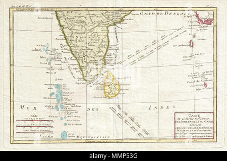. Inglese: attraente 1780 mappa dell India meridionale dal cartografo francese Rigobert Bonne. Coperchi del Deccan plateau a sud per quanto riguarda le Maldive e come estremo oriente come la Andaman e Nicobar. Include il Ceylon o Sri Lanka. Mostra la direzione della importante Oceano Indiano venti alisei e le loro corrispondenti stagioni. La regolarità della alisei nell'Oceano Indiano generato attivo commercio nautico itinerari ben in antichità. Pubblicato come piastra n. L 3 in Bonne's 1780 Atlas de Toutes les parti Connues du Globe Terrestre . Carte de la Partie Inferieure de L'Inde en Deca du pista Foto Stock