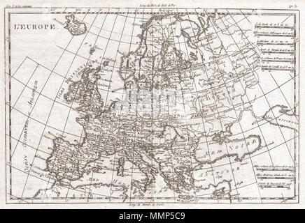. Inglese: un raffinato esempio di Rigobert Bonne e Guillaume Raynal's 1780 Mappa di Europa. Coperchi dalla Spagna a teh Caspiean mare e dall'Islanda al Nord Africa. Altamente dettagliato che mostra città, fiumi, alcuni elementi topografici e i confini politici. Disegnata da R. Bonne per G. Raynal del Atlante de Toutes les parti Connues du Globe Terrestre, Dressé pour l'Histoire Philosophique et politique des Établissemens et du Commerce des Européens dans les deux Indes . L'Europa.. 1780 (non datato). 1780 Raynal e Bonne Mappa di Europa - Geographicus - Europa-bonne-1780 Foto Stock