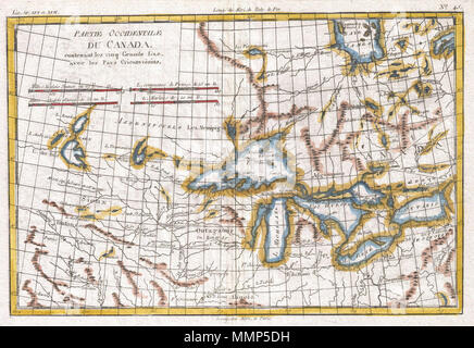 . Inglese: un raffinato esempio di Rigobert Bonne e Guilleme Raynal's 1780 mappa della regione dei Grandi laghi e alto Mississippi Valley. *Una mappa di notevole importanza, questo grafico è stato costruito nel corso di un periodo di esplorazione aggressiva in questa regione. Gli esploratori, in cerca di un "passaggio a ovest" per il pacifico, creduto un acque interne la route non è stata solo ragionevole, ma altamente probabile. Con nessun concetto che la grande barriera delle Montagne Rocciose si è levato in piedi nel loro modo, hanno tracciato il probabile corsi per questo itinerario, come rappresentato in questa mappa. Essi hanno creduto uno potrebbe passare attraverso la regione dei Grandi Laghi e, circa Foto Stock