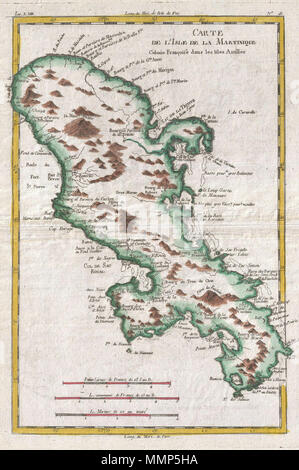 . Inglese: un raffinato esempio di Rigobert Bonne e Guilleme Raynal's 1780 Mappa di Isola di Martinica. Altamente dettagliato che mostra città, fiumi, alcuni elementi topografici, i confini politici e importanti porti. Montagne mostrata in profilo. Disegnata da R. Bonne per G. Raynal del Atlante de Toutes les parti Connues du Globe Terrestre, Dressé pour l'Histoire Philosophique et politique des Établissemens et du Commerce des Européens dans les deux Indes . Carte de L'Isle de la Martinique Colonie Francoise dans les Illes Antille.. 1780 (non datato). 1780 Raynal e Bonne Mappa della Martinica, West Indies Foto Stock