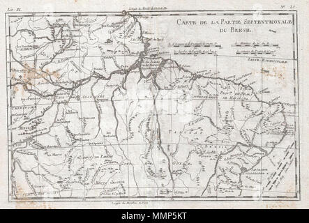 . Inglese: un raffinato esempio di Rigobert Bonne e Guilleme Raynal's 1780 Mappa del nord del Brasile. Questa mappa dettagliata presenta la porzione settentrionale del Brasile da Bahia alla Guyana. Questo include anche una porzione del Fiume Rio delle Amazzoni e la sua foresta pluviale adjancet, più grandi e più ricche di specie tratto di foresta nel mondo. Di nota è il leggendario Lago Parime nel nord-ovest. È stato sulle rive di questo lago che molti esploratori credevano di trovare la città di Manoa, o di El Dorado. Esploratori come Sir Walter Raleigh cercato in questa area in un vano tentativo di individuare il lago e la leggendaria città di Gol Foto Stock