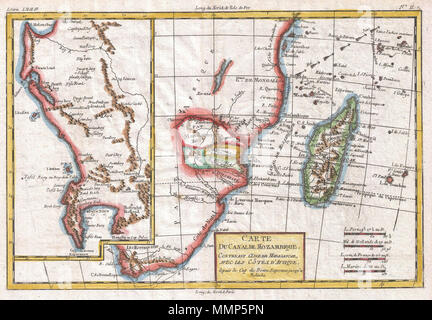 . Inglese: un raffinato esempio di Rigobert Bonne e G. Raynal's 1780 Mappa del Sud Africa. In sostanza due mappe in uno che tra di esse coprono tutta la porzione meridionale del continente. La mappa principale sulla destra copre dal Capo di Buona Speranza nord come lontano come Zanzibar e giorno moderno Kenya, concentrandosi sull'oro ricco regno di Monomotapa. Questa regione, oggi parte del Mozambico e Zimbabwe, che una volta era ricca in oro ed è stato spesso associato con il regno biblico di Ofir, che è menzionata in la leggenda del re Salomone e le miniere. Questa è stata una delle prime parti dell Africa orientale per essere explo Foto Stock