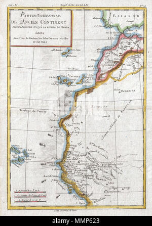 . Inglese: un raffinato esempio di Rigobert Bonne e G. Raynal's 1780 mappa dell Africa Occidentale. Questa zona corrisponde al giorno moderno il Marocco e il Sahara occidentale, la Mauritania e Algeria. Include le Isole Canarie e l'isola di Madeira e isole di Capo Verde. Offre il minimo dettaglio terrestre che riflette la scarsità delle conoscenze circa l'interno del continente al momento. La sola eccezione è il Senegal e il Gambia valli fluviali che si estendono nell'entroterra di Capo Verde, che al momento sono solo essendo mappato da esploratori e missionari. Frecce e hachures mostra alcuni o f le correnti oceaniche e i venti che ha reso questo reg Foto Stock