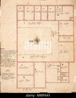 . Nederlands: Titel catalogus Leupe: Platte grond voor de nieuw te bouwen Logie te Brotchia. Plattegrond van de 1ste verdieping van het nieuwe loge-gebouw. Legenda: A-Q Rechts onder: 589 e. Notities tergo: n. 12; Q 2; 499g; (fol.) nr. 270. Inglese: il titolo originale secondo catalogo Leupe recita: Platte grond voor de nieuw te bouwen Logie te Brotchia. Piano di pavimento del primo piano del nuovo lodge. Chiave: A-D. In basso a destra: 589 e. Note su retromarcia: No. 12; Q 2; 499g; (fol.) nr. 270. Nederlands: Plattegrond voor de nieuw te bouwen loge te Brotchia inglese: piano di pavimento del nuovo lodge di Foto Stock