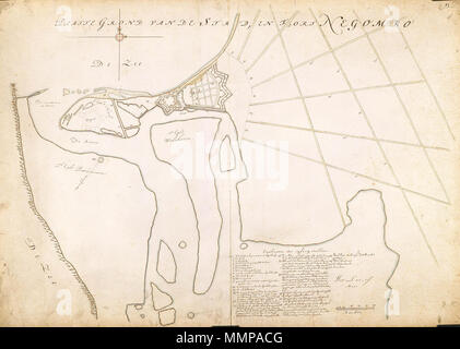 . Nederlands: Titel catalogus Leupe (NA): Platte grond van de stad en Fort Negombo, het Eylandt Pittuancarre en Walcheren, het Lak di Meir enz.. Plankaart van de aanleg van een nieuwe vesting op het eiland Texel bij Negombo, met de klappertuinen en de geplande irrigatiekanalen. Bijzonderheden in de Leupe catalogus: Met progetto van een Vyfhoek Op 't Eyland Texel, en verdere aanwijzingen. Notities tergo: 543 b. Topografische namen vermeld op deze kaart: Walcheren, eiland Texel. Inglese: Secondo catalogo Leupe (NA) il titolo originale recita: Platte grond van de stad en Fort Negombo, het ael Foto Stock